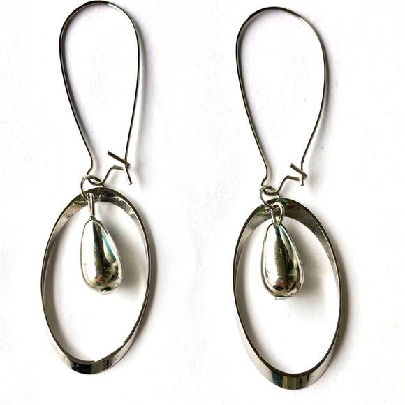 Jewelry - Long Drop Hoop Silver Tone Minimalist Earrings